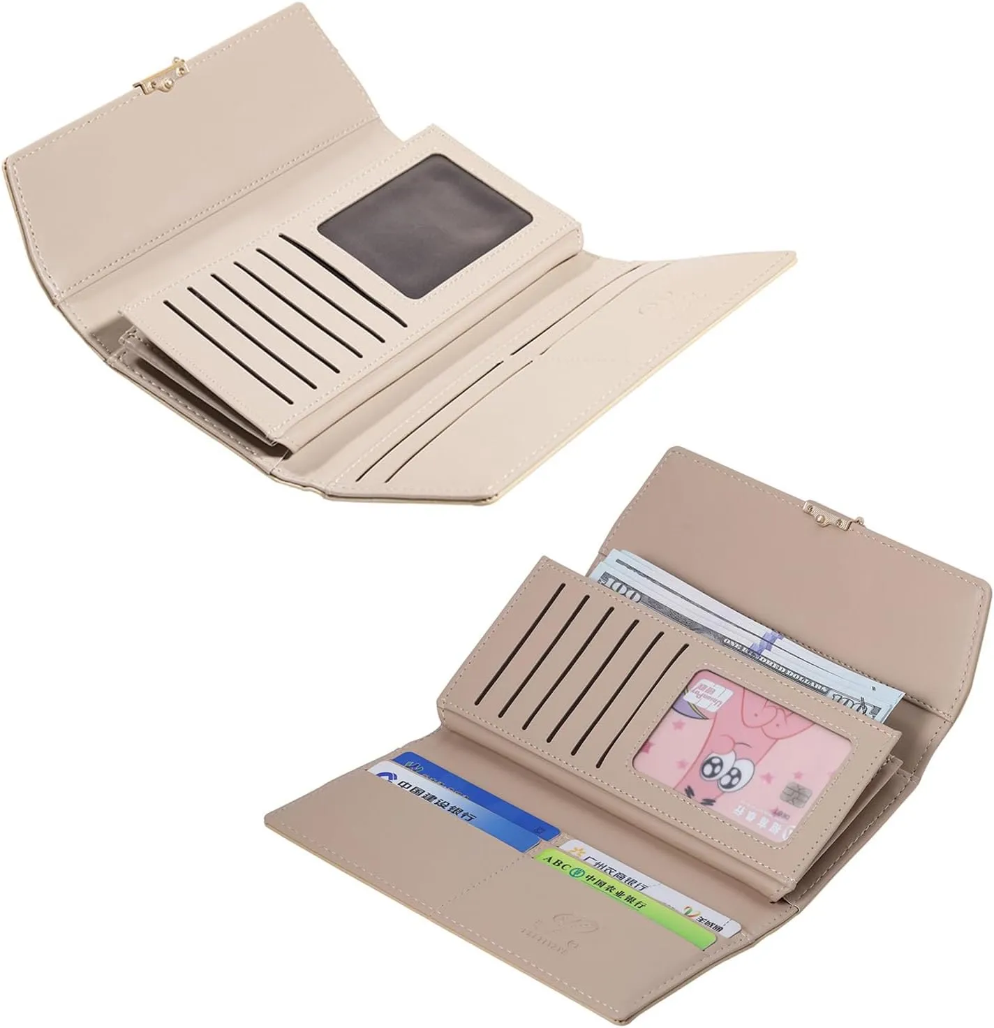 aurrako Wallets for Women Leather Clutch Credit Card Holder RFID Trifold Ladies Wallets Coins Zipper Pocket with ID Window Large Capacity (Khaki)