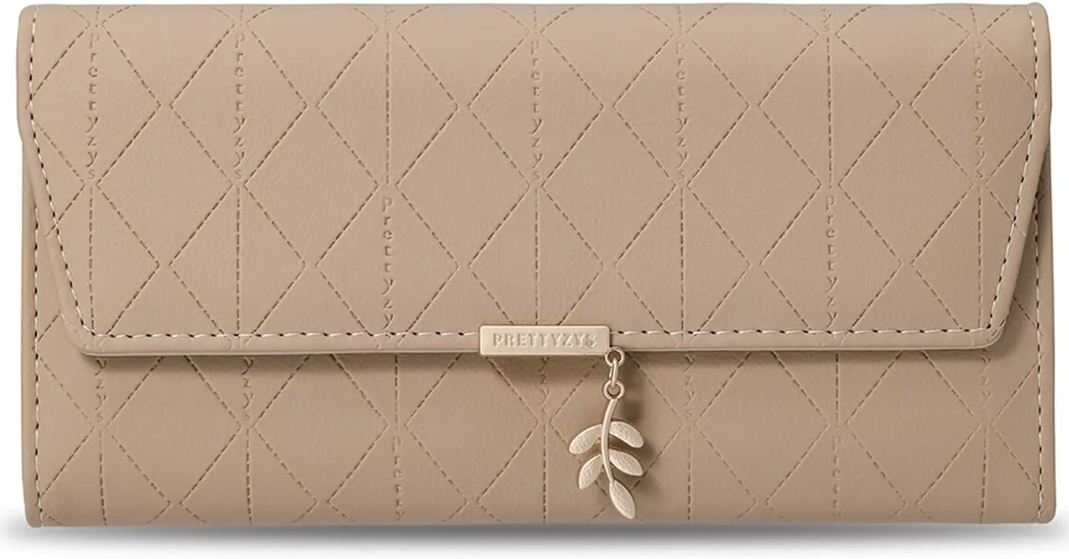 aurrako Wallets for Women Leather Clutch Credit Card Holder RFID Trifold Ladies Wallets Coins Zipper Pocket with ID Window Large Capacity (Khaki)