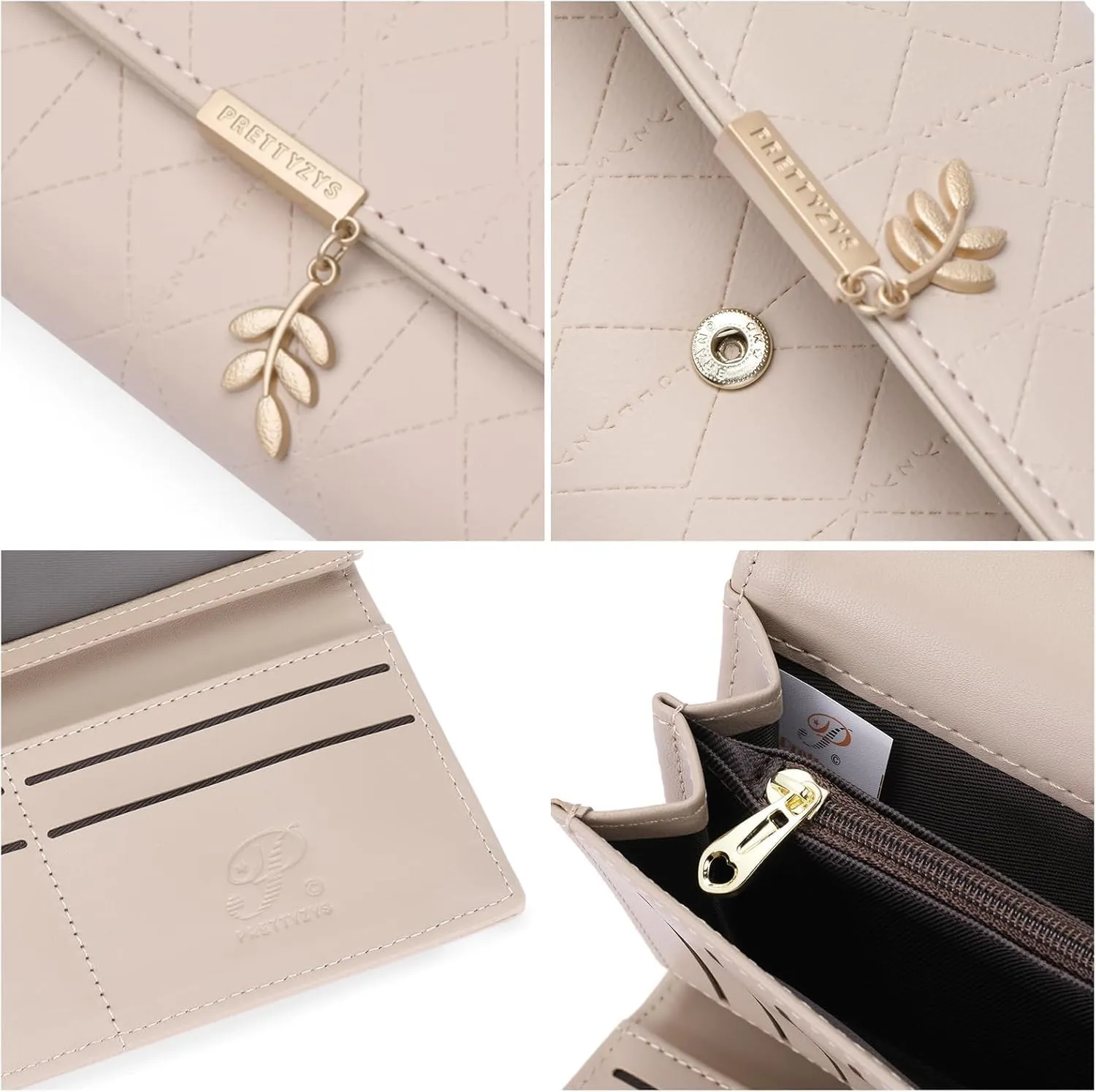 aurrako Wallets for Women Leather Clutch Credit Card Holder RFID Trifold Ladies Wallets Coins Zipper Pocket with ID Window Large Capacity (Khaki)