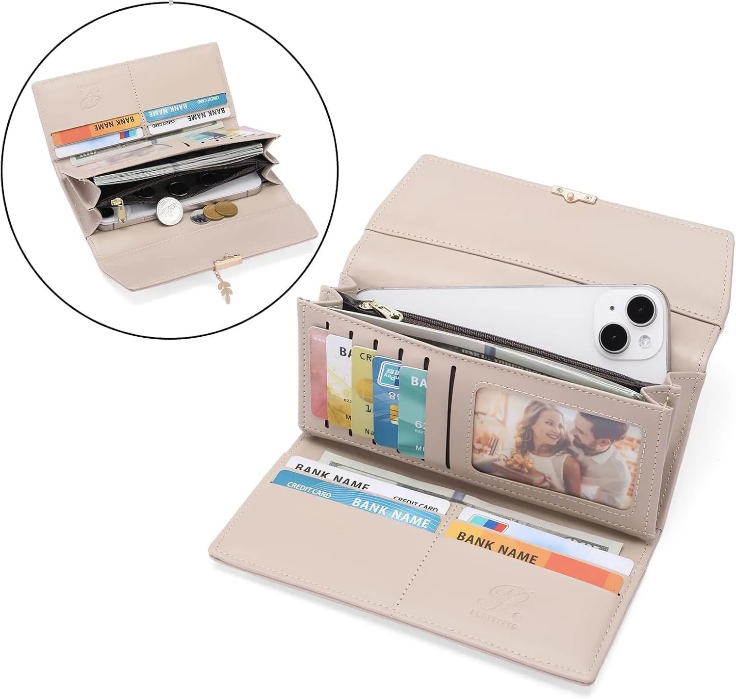 aurrako Wallets for Women Leather Clutch Credit Card Holder RFID Trifold Ladies Wallets Coins Zipper Pocket with ID Window Large Capacity (Khaki)