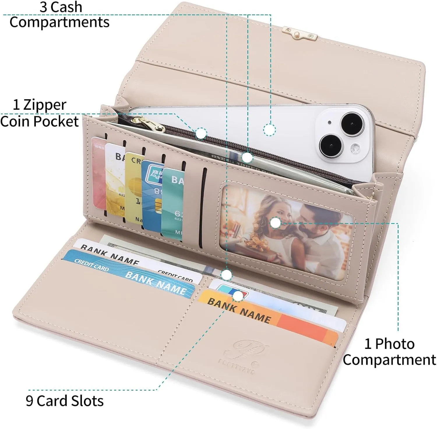 aurrako Wallets for Women Leather Clutch Credit Card Holder RFID Trifold Ladies Wallets Coins Zipper Pocket with ID Window Large Capacity (Khaki)