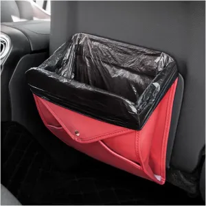 BELOMI Car Trash Can, Leather Foldable Vehicle Seat Hanging Dustbin Container, Multi-Function Automotive Interior Garbage Storage Organizer Holder Bag Accessories, Universal Fit (Wine Red)