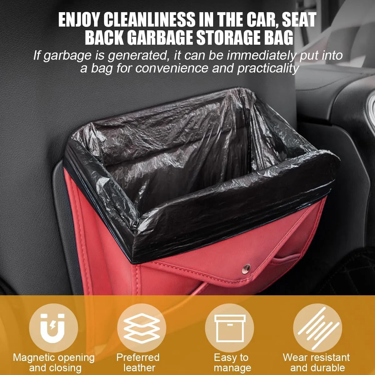 BELOMI Car Trash Can, Leather Foldable Vehicle Seat Hanging Dustbin Container, Multi-Function Automotive Interior Garbage Storage Organizer Holder Bag Accessories, Universal Fit (Wine Red)