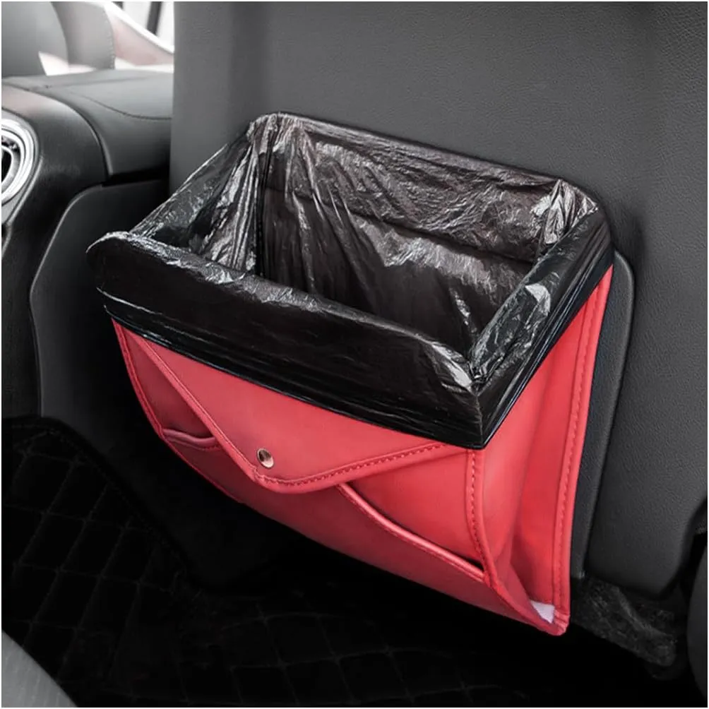 BELOMI Car Trash Can, Leather Foldable Vehicle Seat Hanging Dustbin Container, Multi-Function Automotive Interior Garbage Storage Organizer Holder Bag Accessories, Universal Fit (Wine Red)