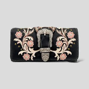 Black Buckle Trifold Embroidered Wallet