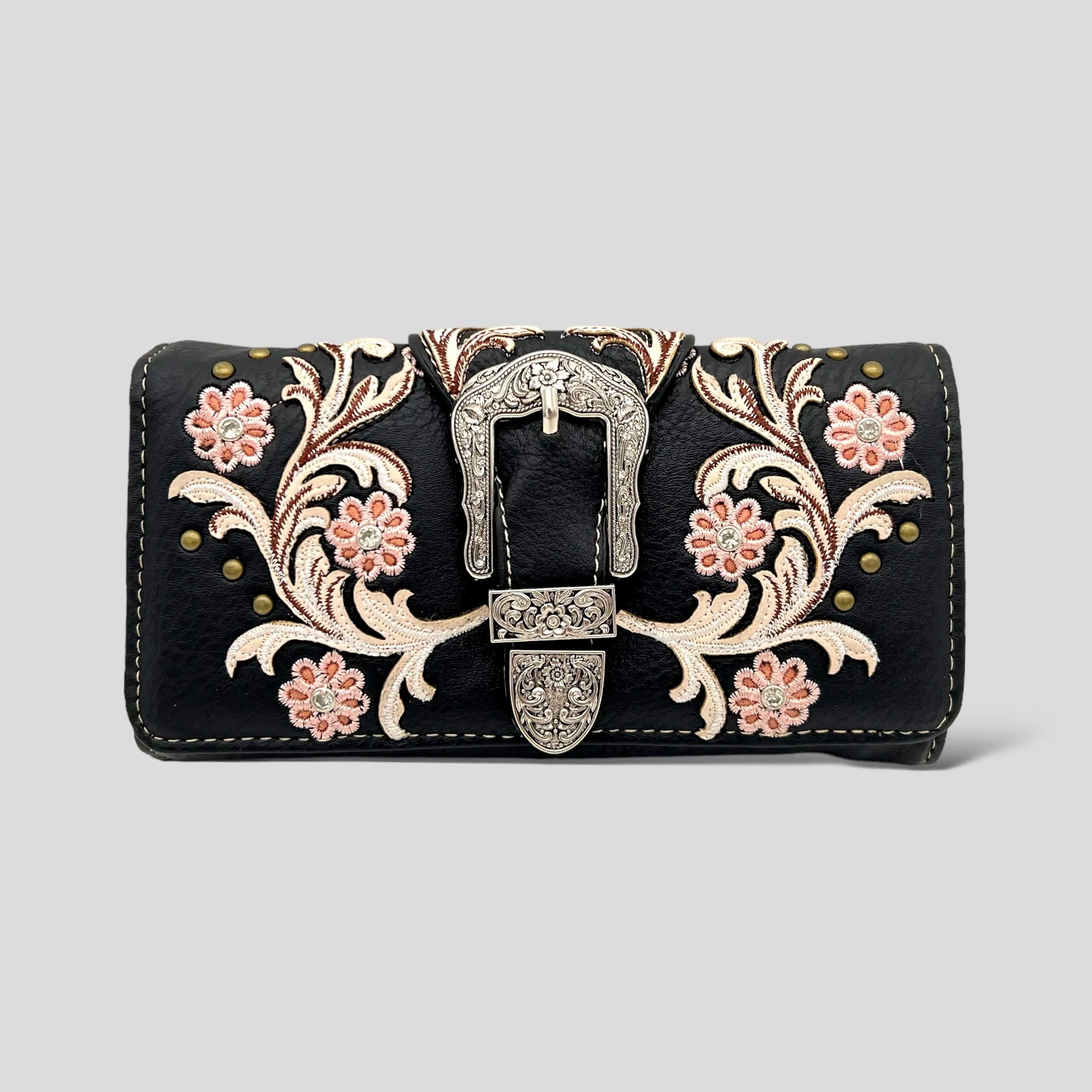 Black Buckle Trifold Embroidered Wallet