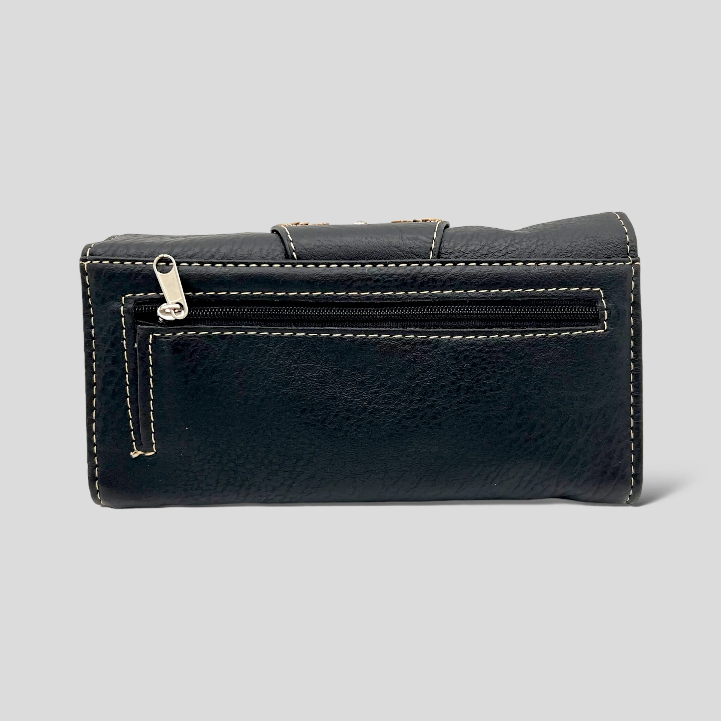 Black Buckle Trifold Embroidered Wallet