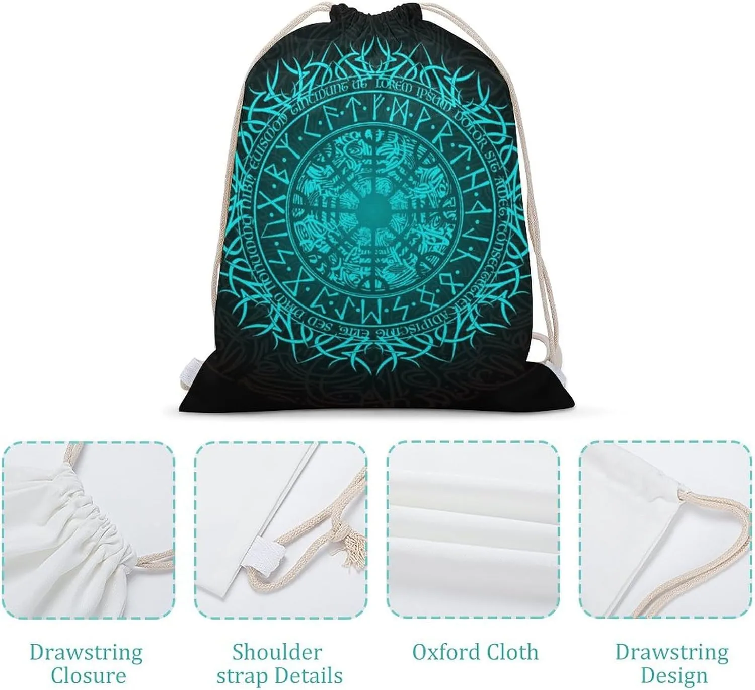 Bue Circle Viking Vegvisir Runic Compass Design A Large Capacity Double Shoulder Sail Bag with A Drawstring Mouth Unisex 35x50cm