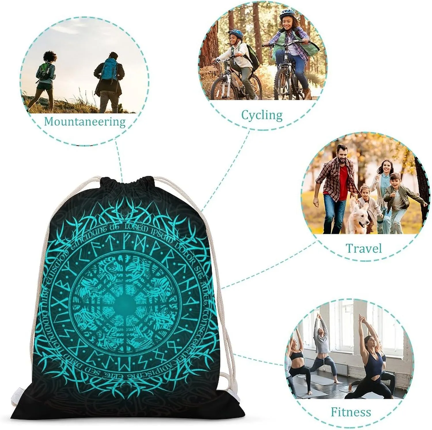 Bue Circle Viking Vegvisir Runic Compass Design A Large Capacity Double Shoulder Sail Bag with A Drawstring Mouth Unisex 35x50cm