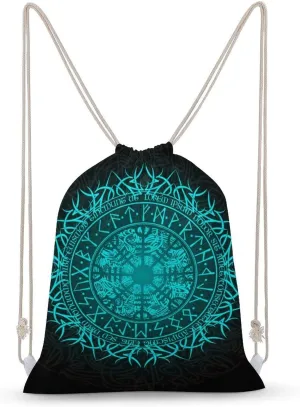 Bue Circle Viking Vegvisir Runic Compass Design A Large Capacity Double Shoulder Sail Bag with A Drawstring Mouth Unisex 35x50cm