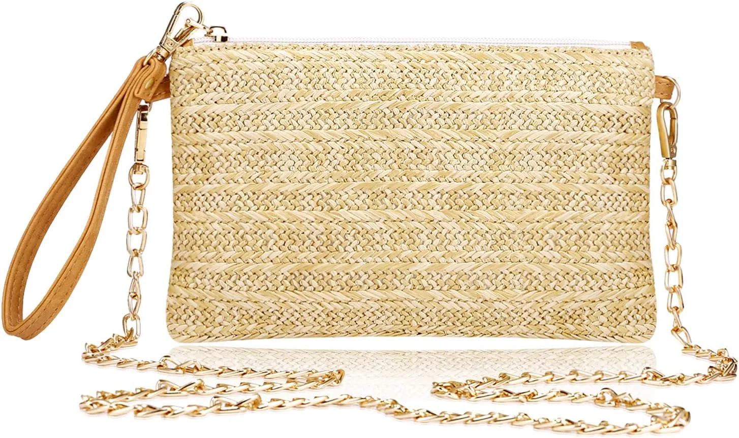 COOKOOKY Womens Straw Clutch Bag Bohemian Summer Beach Straw Purse Zipper Wristlet Wallets for Women