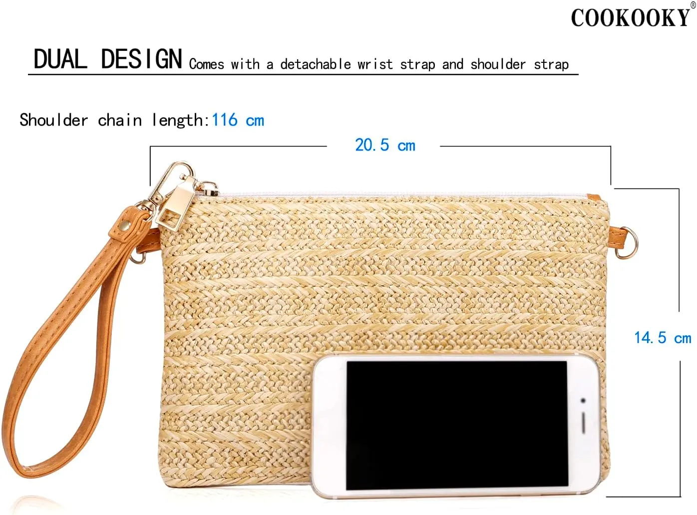 COOKOOKY Womens Straw Clutch Bag Bohemian Summer Beach Straw Purse Zipper Wristlet Wallets for Women
