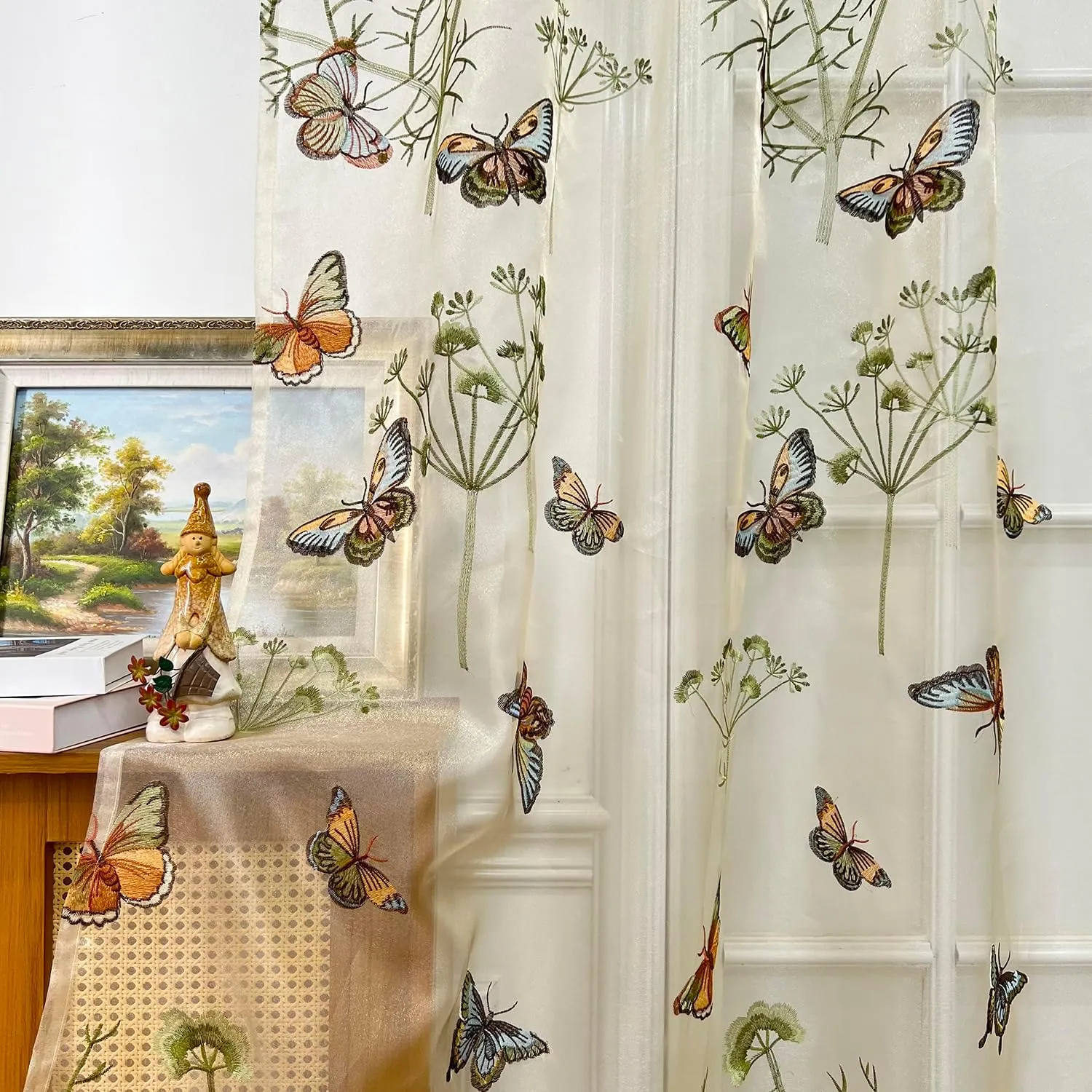 Embroidered Butterfly Window Semi Sheer Curtains for Kids Room Country Style Dandelion Pattern Room Divider Rod Pocket Tulle Gauze Voile Panel Drapes for Living Room 1 Panel W52 x L63 inch