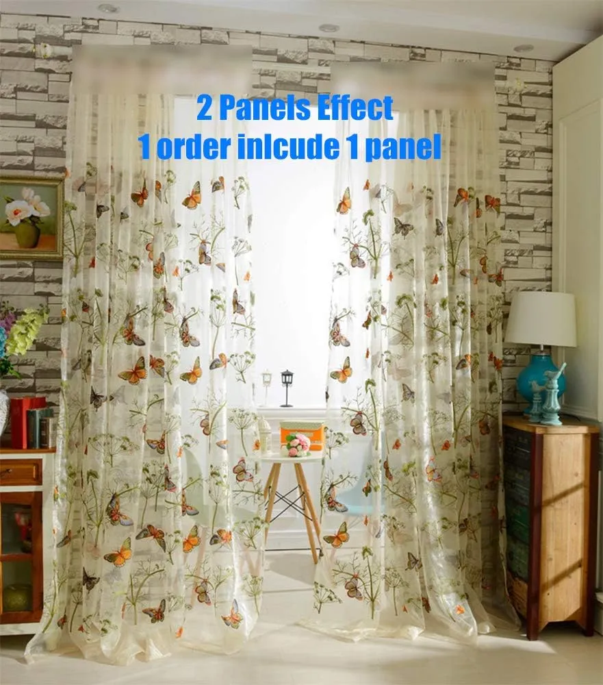 Embroidered Butterfly Window Semi Sheer Curtains for Kids Room Country Style Dandelion Pattern Room Divider Rod Pocket Tulle Gauze Voile Panel Drapes for Living Room 1 Panel W52 x L63 inch