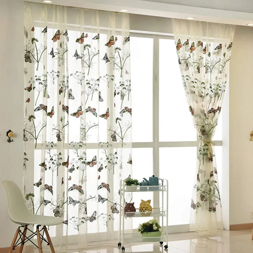 Embroidered Butterfly Window Semi Sheer Curtains for Kids Room Country Style Dandelion Pattern Room Divider Rod Pocket Tulle Gauze Voile Panel Drapes for Living Room 1 Panel W52 x L63 inch