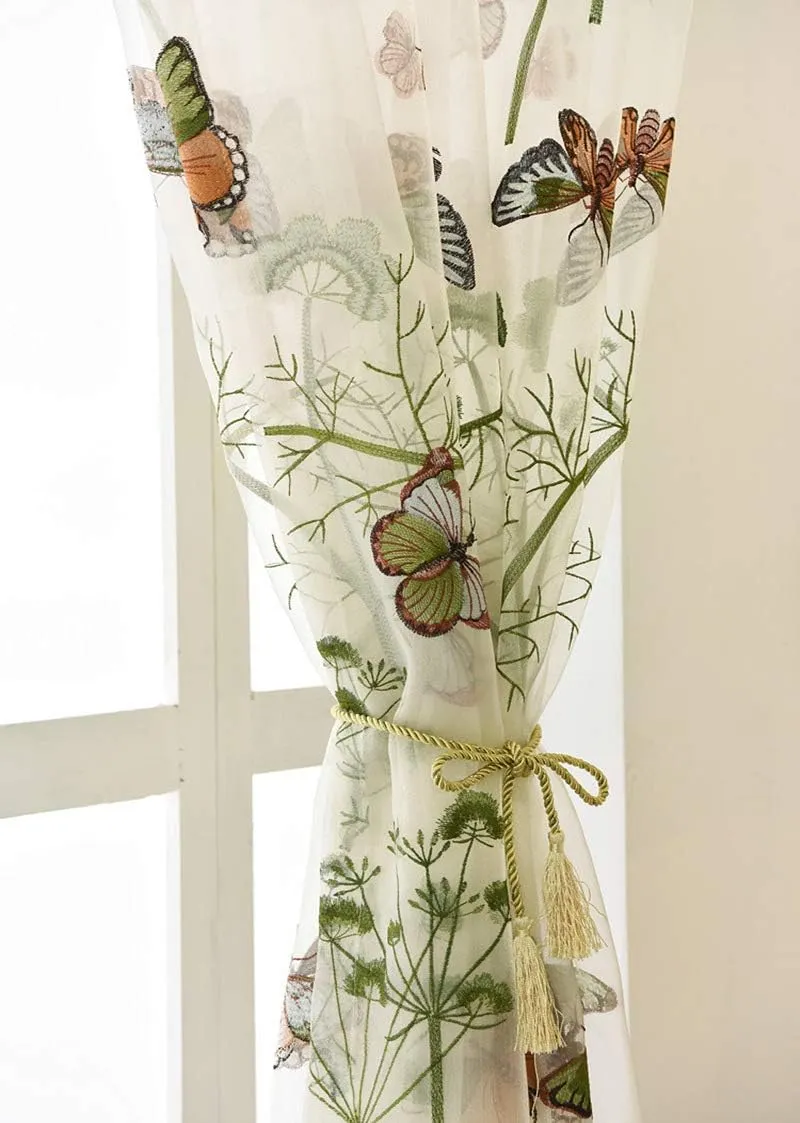 Embroidered Butterfly Window Semi Sheer Curtains for Kids Room Country Style Dandelion Pattern Room Divider Rod Pocket Tulle Gauze Voile Panel Drapes for Living Room 1 Panel W52 x L63 inch