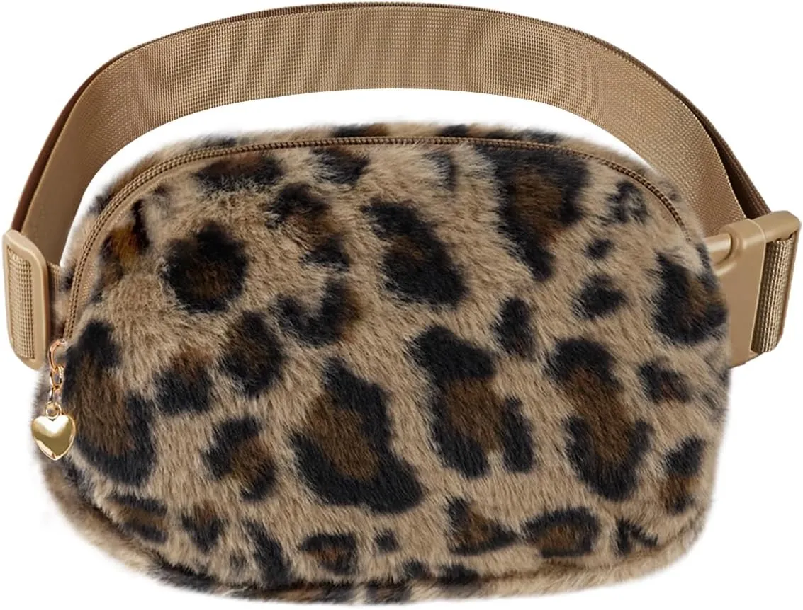 Fuzzy Belt Bag Waist Fanny Pack for Girls Cute Lovely Leopard Waist Packs Crossbody Bags for Women Trendy Teen Girl Kids Daughter Sister Her Preppy Girly Stuff Fuzzy Plush Waist Pack Bag, Brown