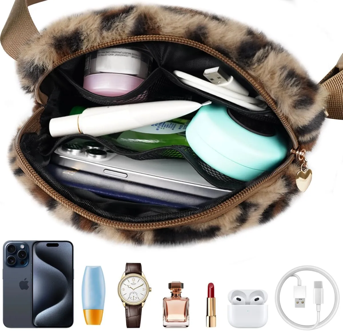 Fuzzy Belt Bag Waist Fanny Pack for Girls Cute Lovely Leopard Waist Packs Crossbody Bags for Women Trendy Teen Girl Kids Daughter Sister Her Preppy Girly Stuff Fuzzy Plush Waist Pack Bag, Brown