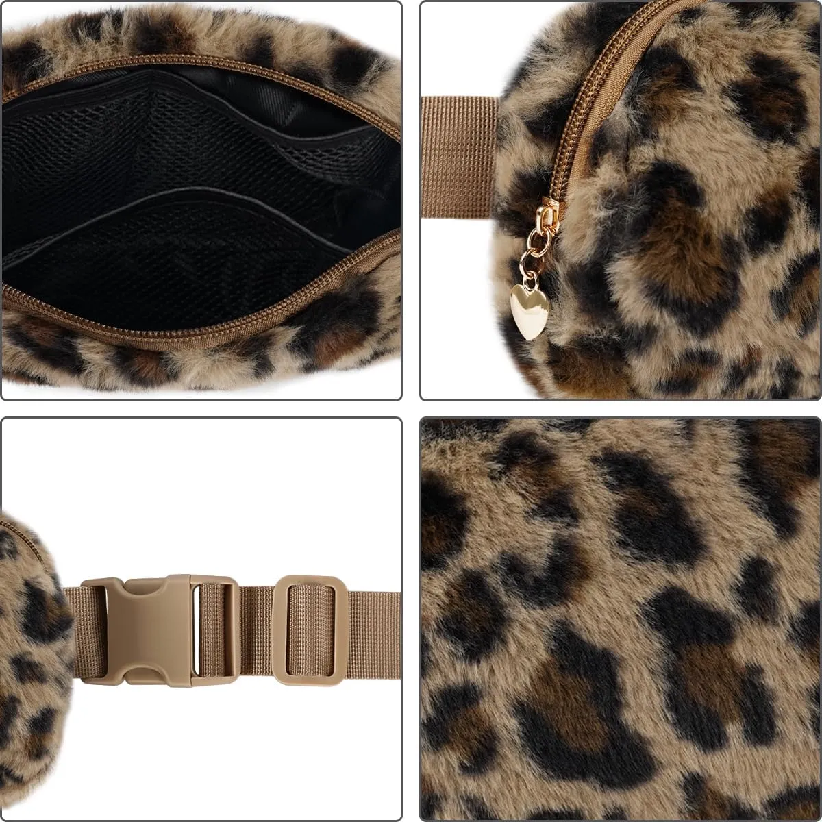 Fuzzy Belt Bag Waist Fanny Pack for Girls Cute Lovely Leopard Waist Packs Crossbody Bags for Women Trendy Teen Girl Kids Daughter Sister Her Preppy Girly Stuff Fuzzy Plush Waist Pack Bag, Brown