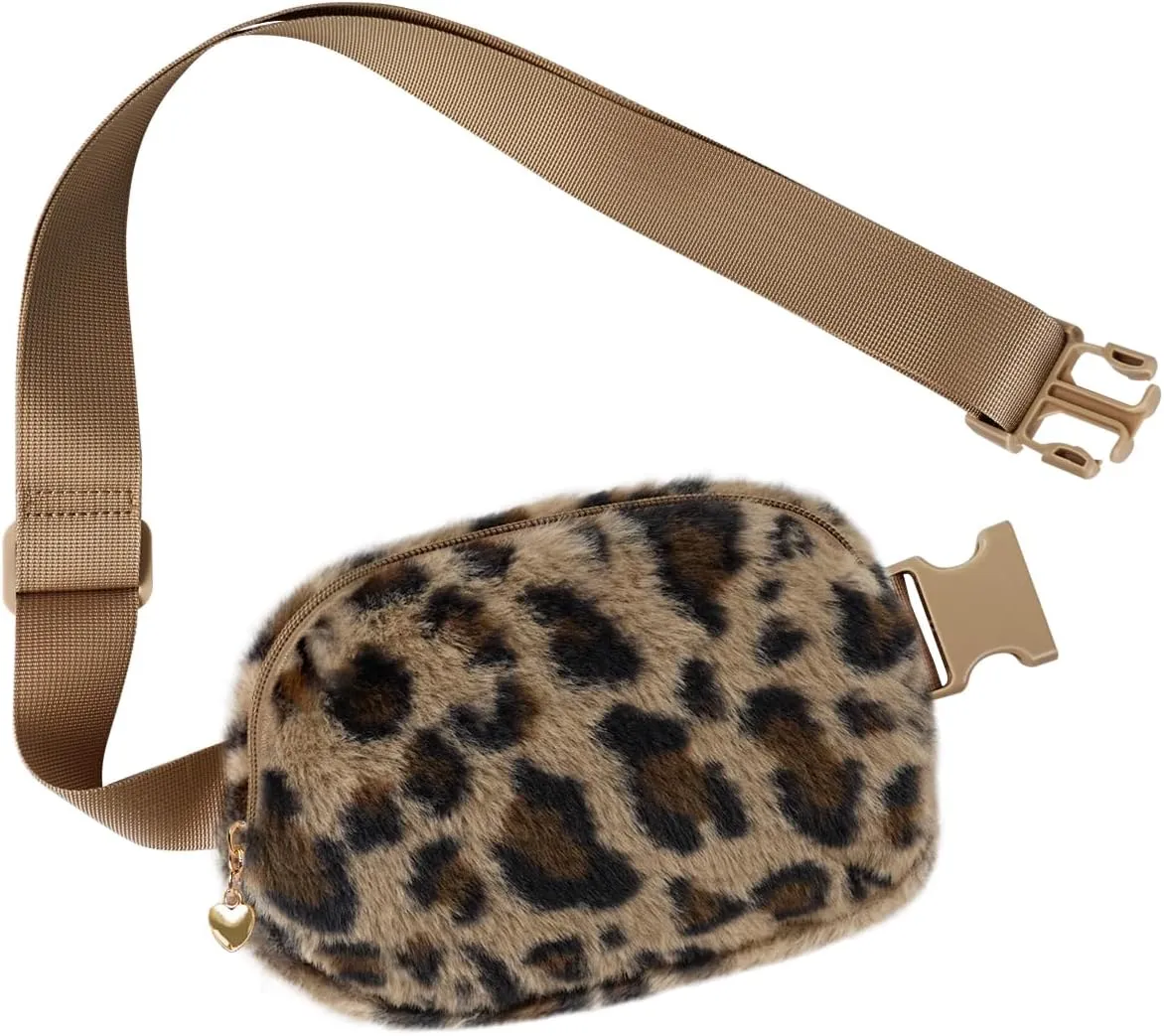 Fuzzy Belt Bag Waist Fanny Pack for Girls Cute Lovely Leopard Waist Packs Crossbody Bags for Women Trendy Teen Girl Kids Daughter Sister Her Preppy Girly Stuff Fuzzy Plush Waist Pack Bag, Brown