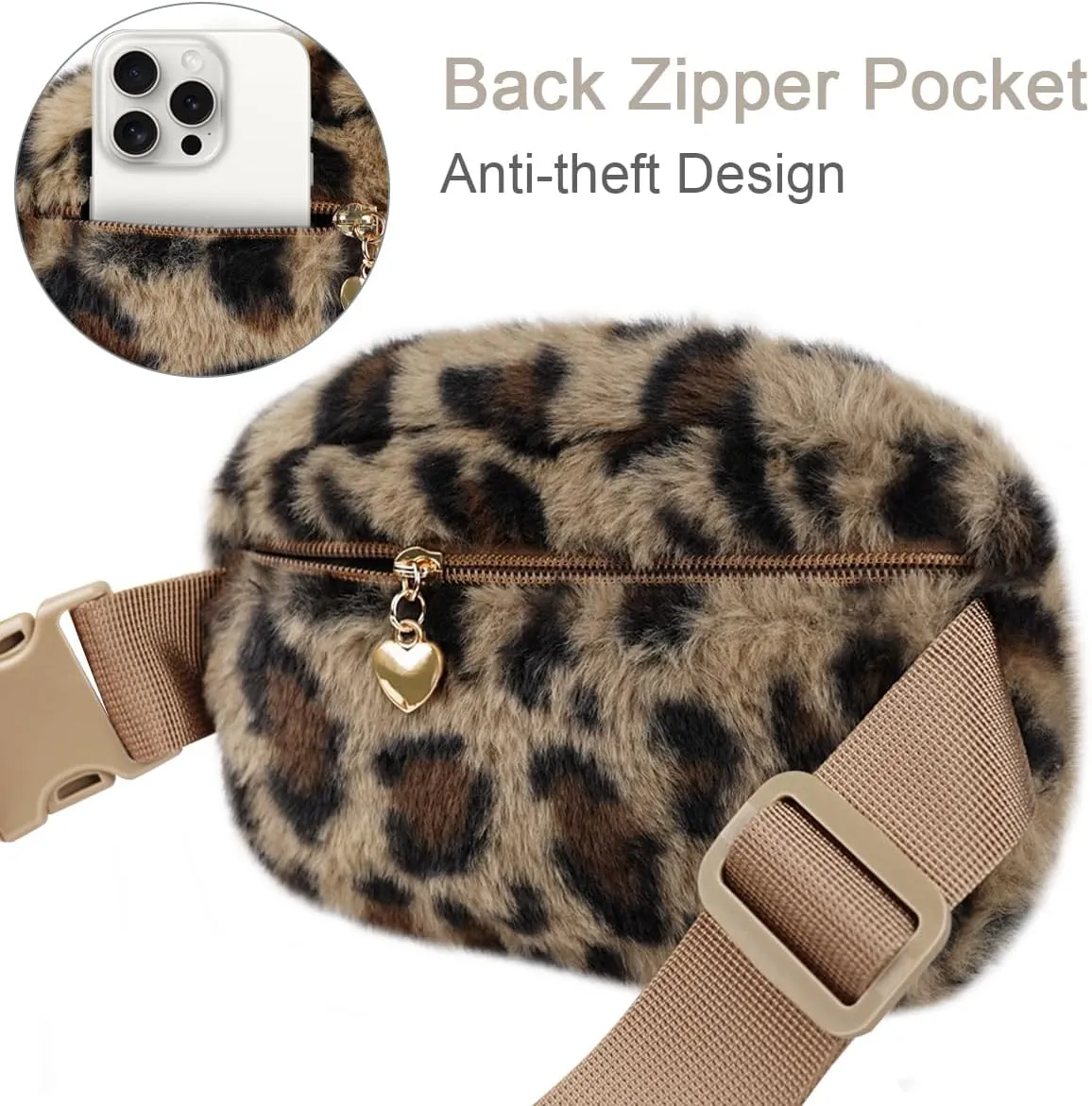 Fuzzy Belt Bag Waist Fanny Pack for Girls Cute Lovely Leopard Waist Packs Crossbody Bags for Women Trendy Teen Girl Kids Daughter Sister Her Preppy Girly Stuff Fuzzy Plush Waist Pack Bag, Brown