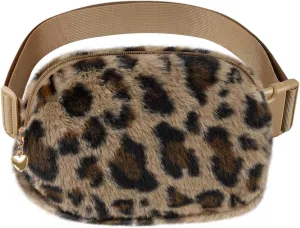 Fuzzy Belt Bag Waist Fanny Pack for Girls Cute Lovely Leopard Waist Packs Crossbody Bags for Women Trendy Teen Girl Kids Daughter Sister Her Preppy Girly Stuff Fuzzy Plush Waist Pack Bag, Brown