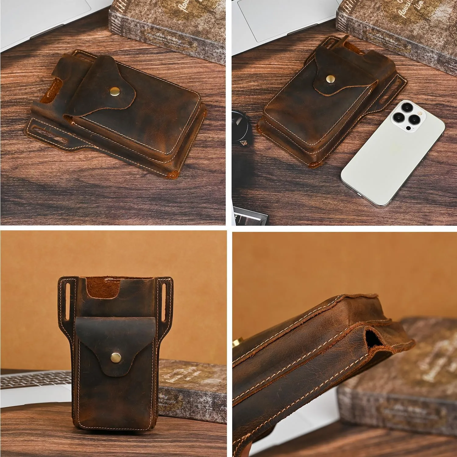 Genuine Leather 6.8" Cell Phone Holster with Belt Clip, Universal Smartphone Sheath Case for iPhone, Samsung Galaxy, Google Pixel 1101 (1107 Brown)