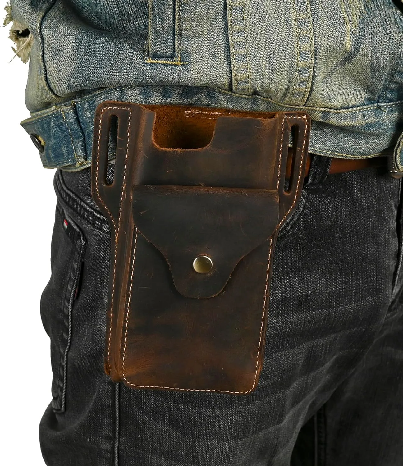 Genuine Leather 6.8" Cell Phone Holster with Belt Clip, Universal Smartphone Sheath Case for iPhone, Samsung Galaxy, Google Pixel 1101 (1107 Brown)