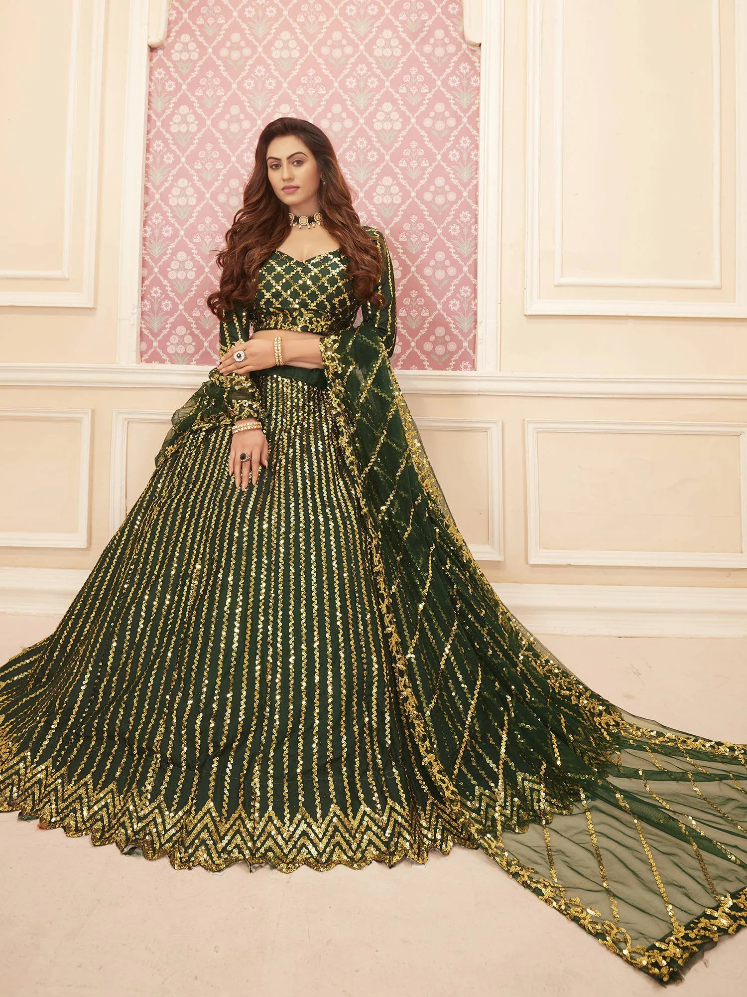 Green & Golden Sequins Embroidered Wedding Lehenga Choli