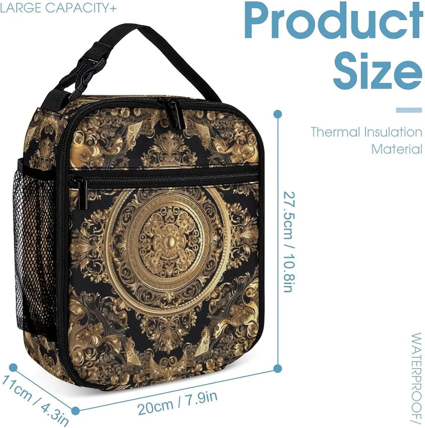Insulated Lunch Bag for Women Men Ornate Frame Lunch Box Reusable Lunch Tote Bag for Work Picnic Travel