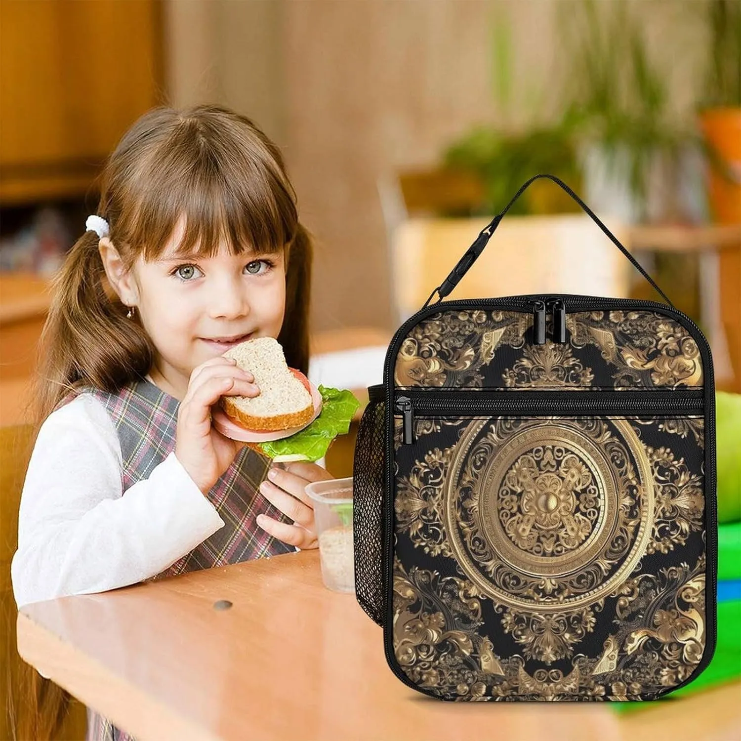 Insulated Lunch Bag for Women Men Ornate Frame Lunch Box Reusable Lunch Tote Bag for Work Picnic Travel