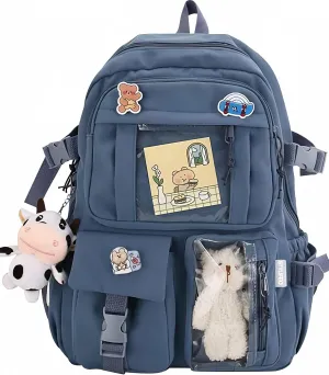 Kawaii Backpack with Cute Bear Plush Kawaii Pin Accessories Aesthetic School Bags Cute Bookbag for Girls Teen (Blue)