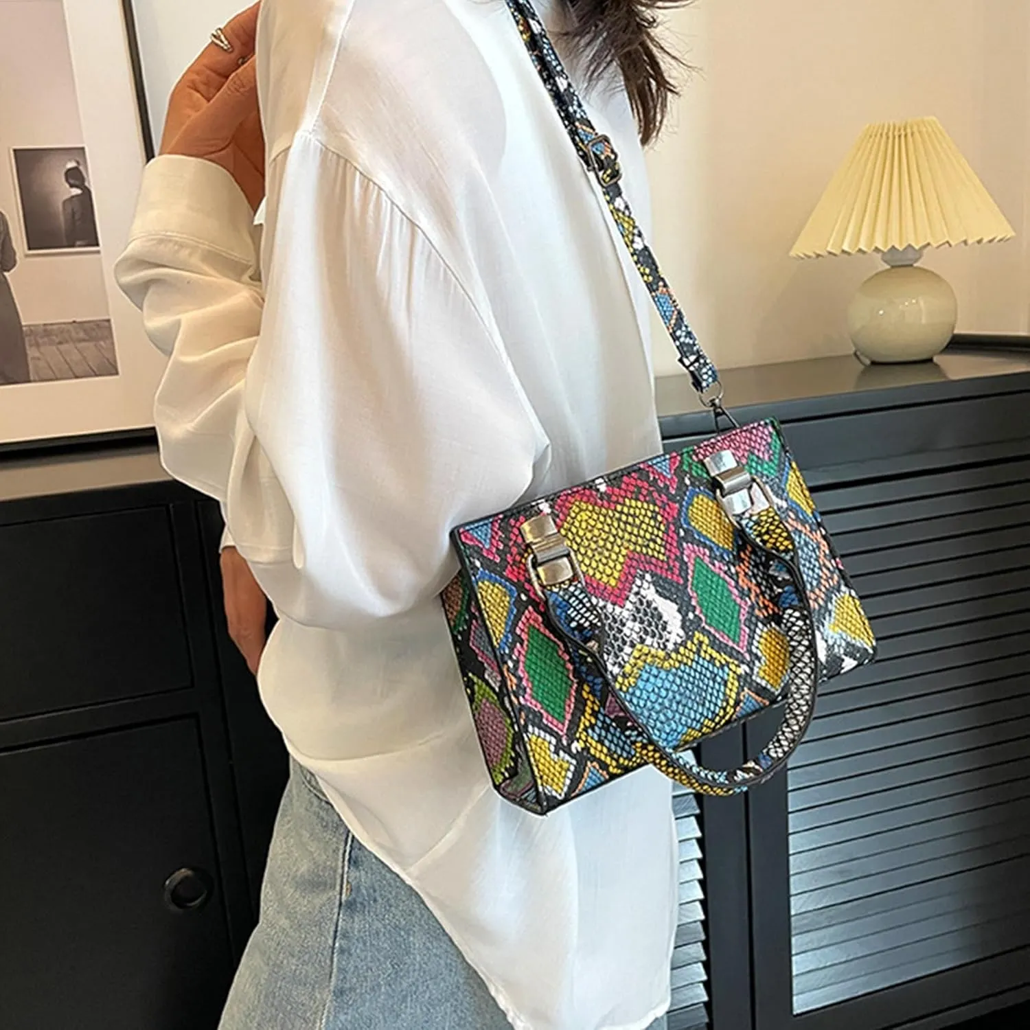 Leather Crossbody Shoulder Zipper Satchel Purse Women Mini Top Handle Snakeskin Print