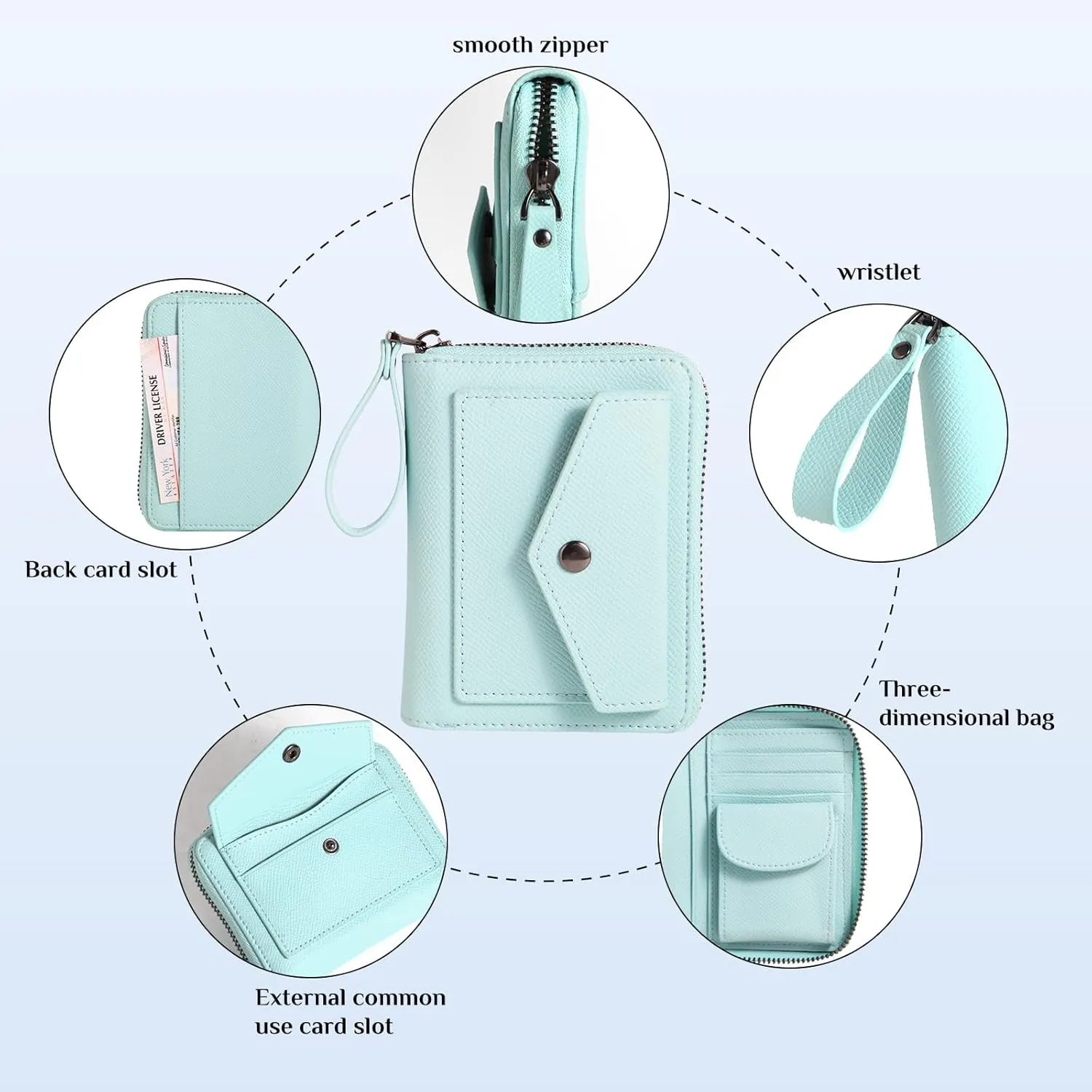 Leather Small RFID Blocking Bifold Zipper Around Wallets With ID Window Wristlet Coin Pocket For Women