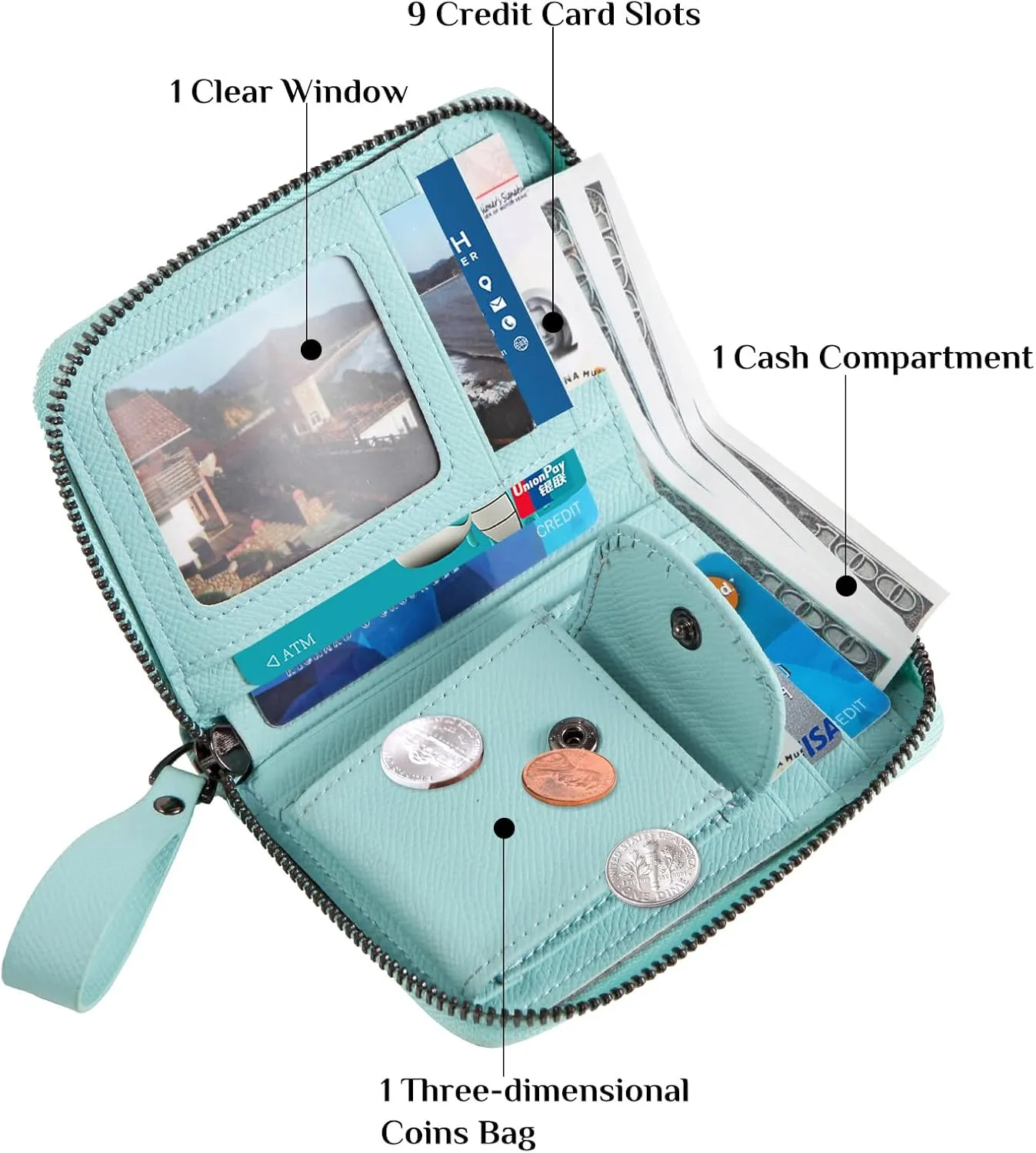 Leather Small RFID Blocking Bifold Zipper Around Wallets With ID Window Wristlet Coin Pocket For Women