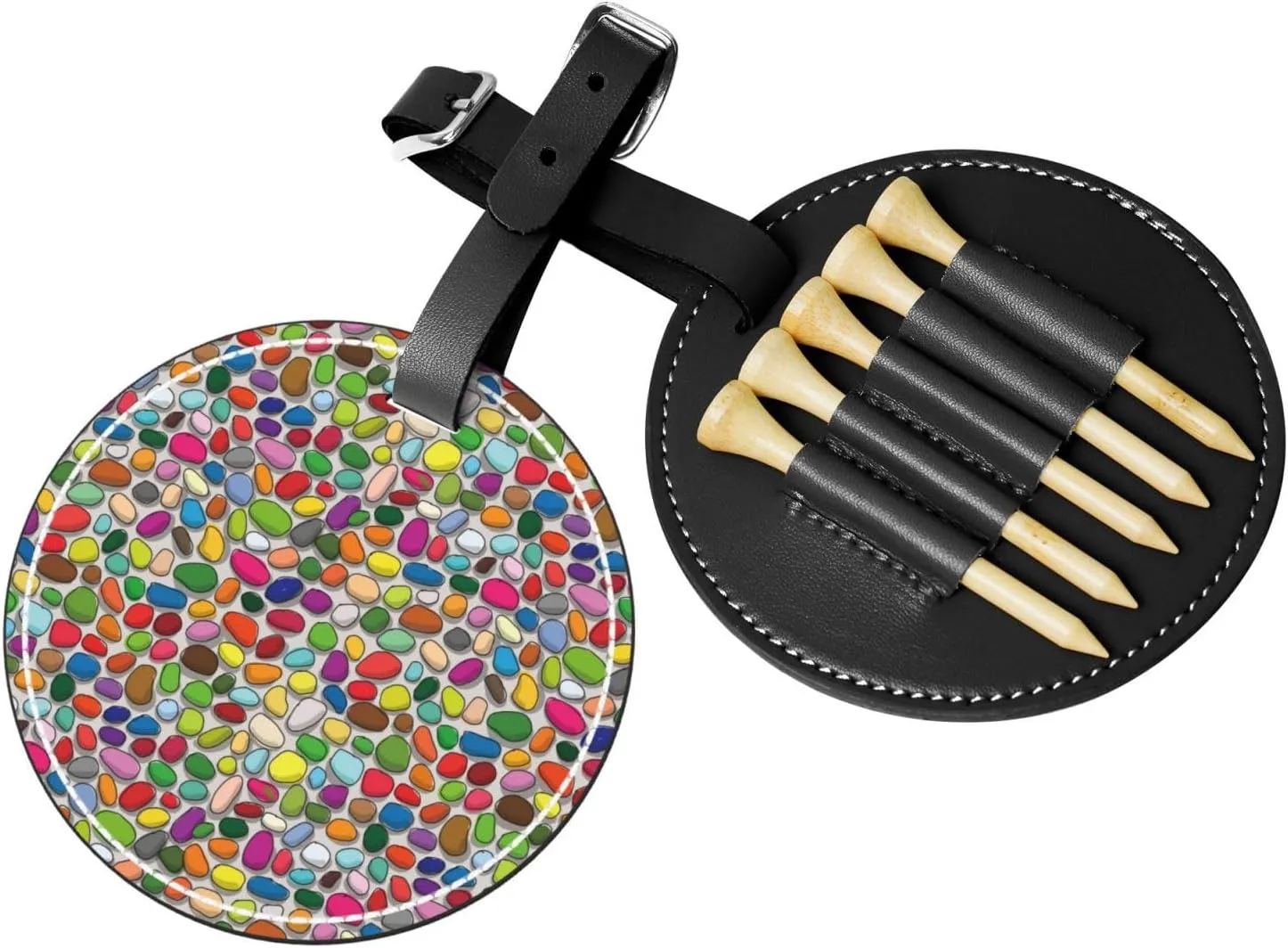 Pebble Colorful Background Leather Golf Tee Pouch Bag Can Hold 5 Golf Tees with Belt Clip Golf Accessory for Golfers Men and Women
