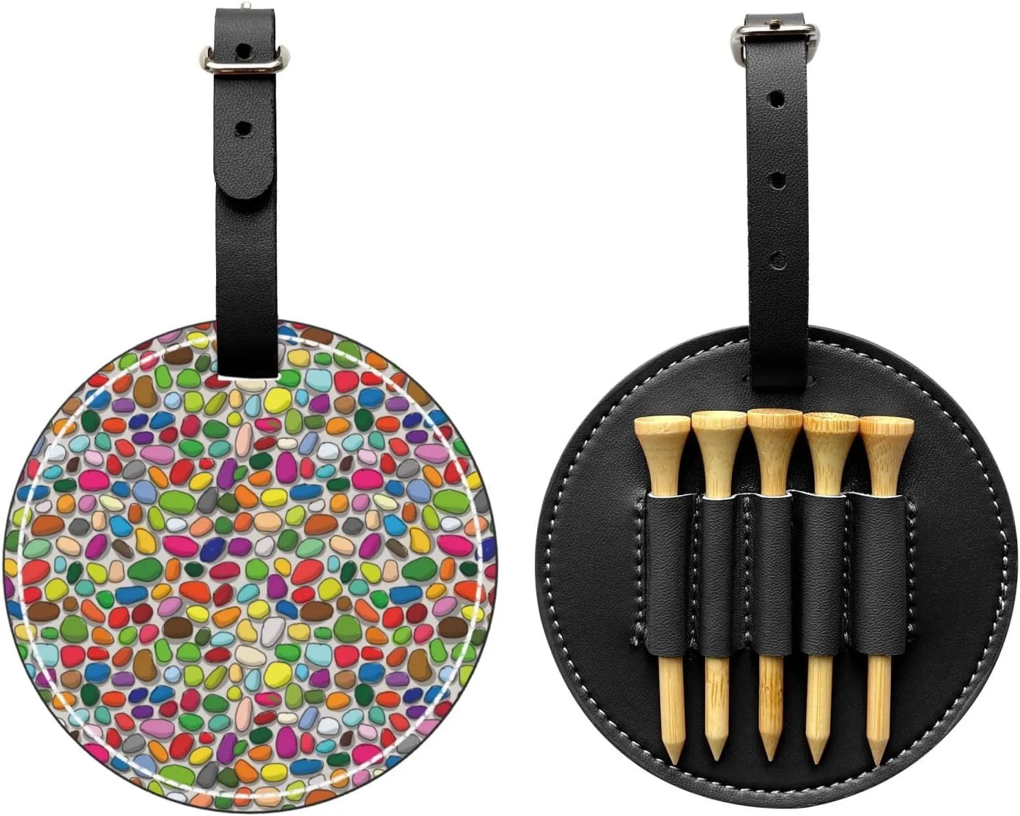 Pebble Colorful Background Leather Golf Tee Pouch Bag Can Hold 5 Golf Tees with Belt Clip Golf Accessory for Golfers Men and Women
