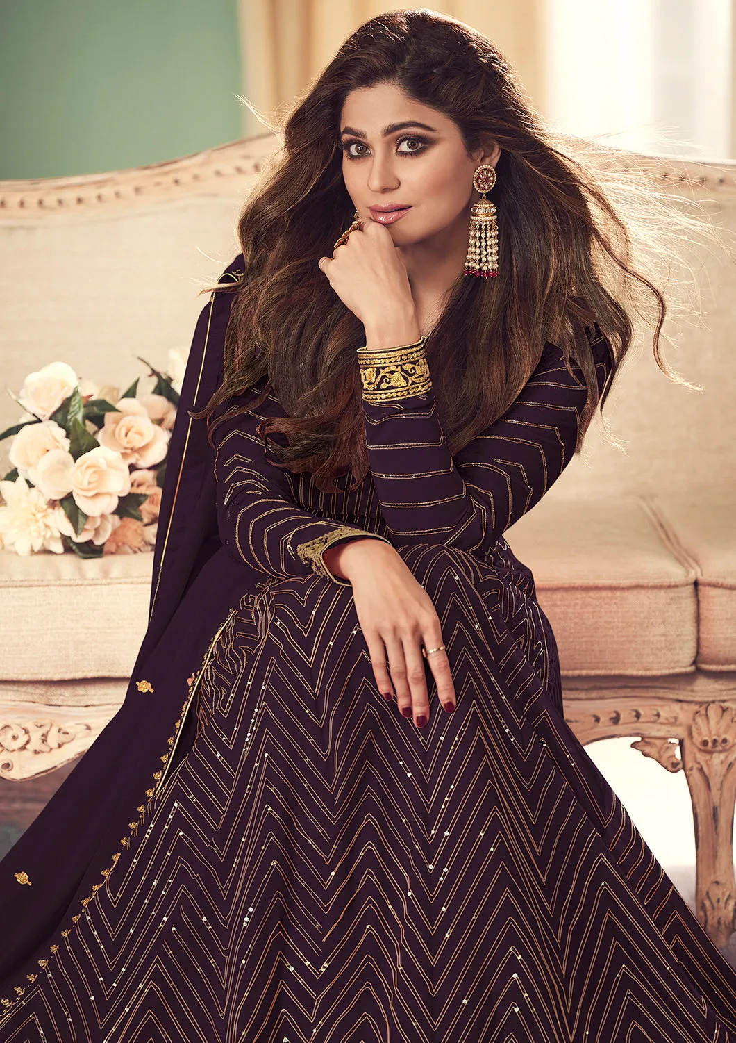 Plum Purple Belt Style Anarkali Featuring Shamita Shetty