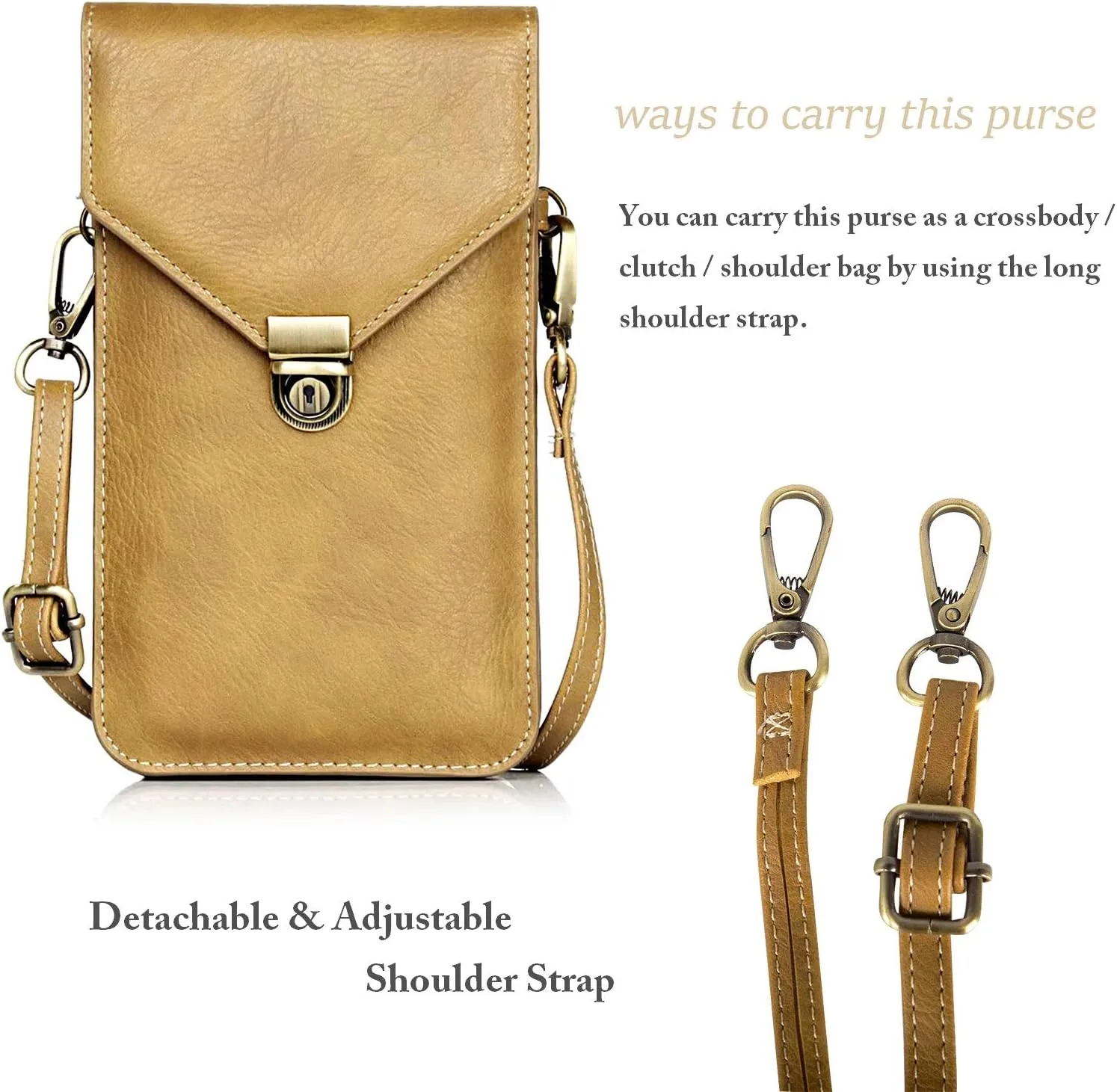 Small Cell Phone Purse, Synthetic Leather Crossbody Bag Dual Pockets Card Holder Neck Pouch with Adjustable Strap for iPhone X Xr 8 7 6s Plus, Galaxy S10 S9 S8 Plus, LG G8 ThinQ, Beige