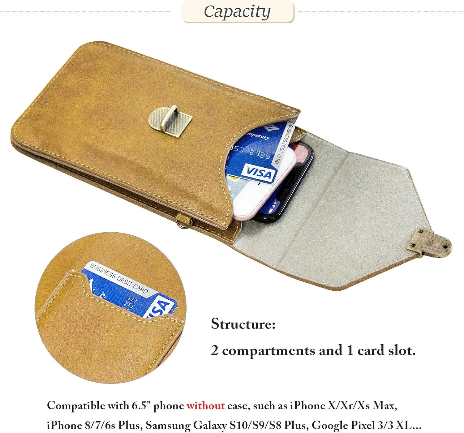 Small Cell Phone Purse, Synthetic Leather Crossbody Bag Dual Pockets Card Holder Neck Pouch with Adjustable Strap for iPhone X Xr 8 7 6s Plus, Galaxy S10 S9 S8 Plus, LG G8 ThinQ, Beige