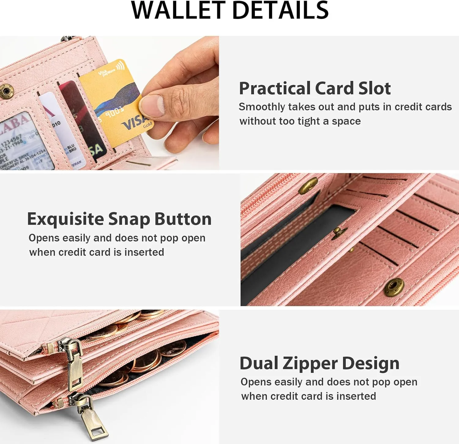Small Wallet for Women RFID Blocking Leather Trifold Compact Ladies Wristlet Card Wallets with Dual Zipper Coin Pocket ID Window