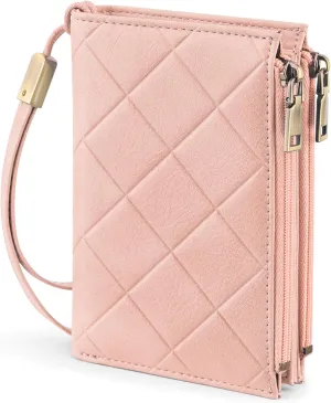 Small Wallet for Women RFID Blocking Leather Trifold Compact Ladies Wristlet Card Wallets with Dual Zipper Coin Pocket ID Window