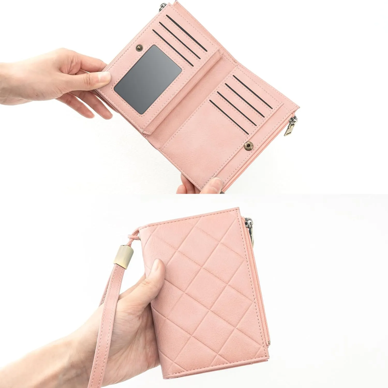 Small Wallet for Women RFID Blocking Leather Trifold Compact Ladies Wristlet Card Wallets with Dual Zipper Coin Pocket ID Window