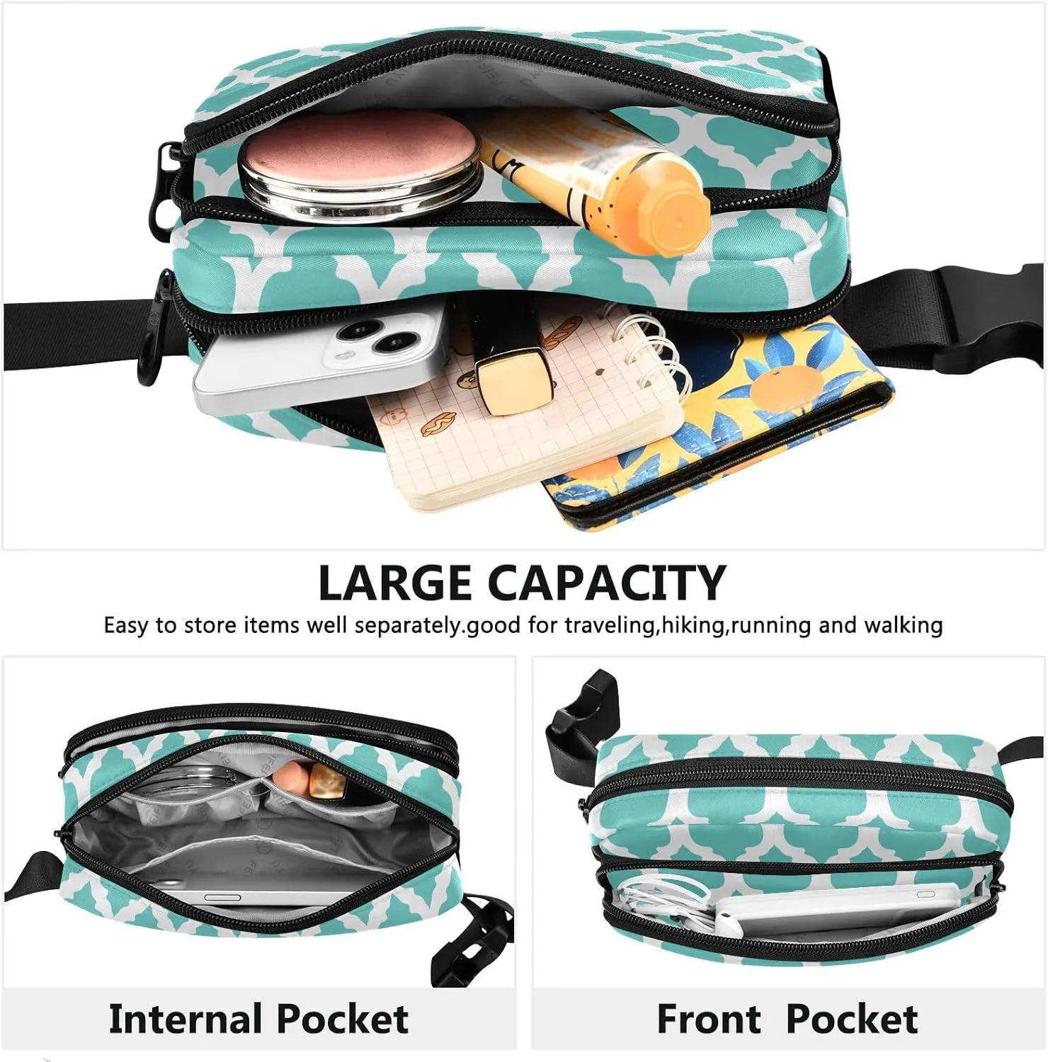 Teal Moroccan Fanny Packs for Women Belt Bag Cross Body Waterproof Fanny Pack Fashion Waist Packs with Adjustable Strap Crossbody Bag for Running Hiking Men Sports Traveling