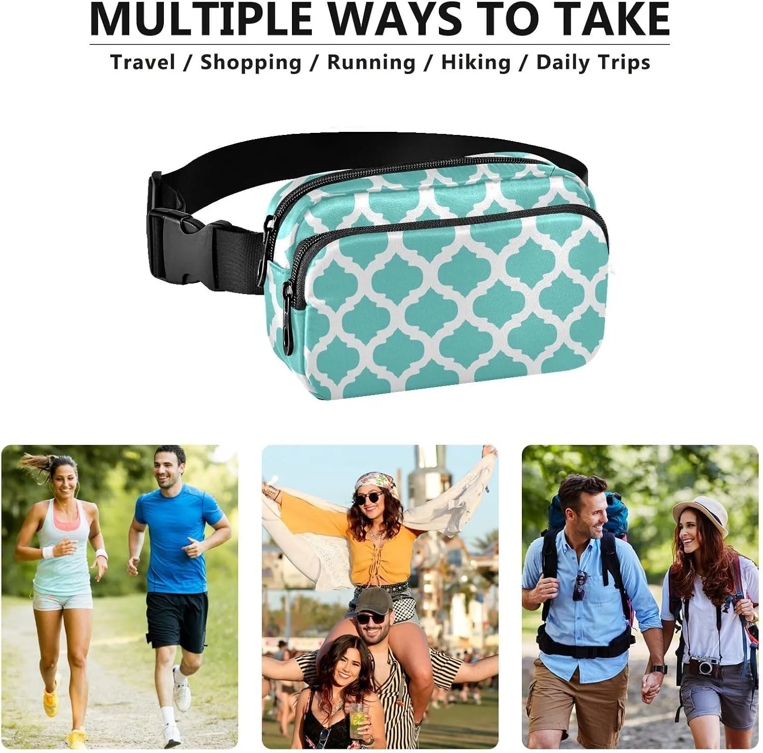 Teal Moroccan Fanny Packs for Women Belt Bag Cross Body Waterproof Fanny Pack Fashion Waist Packs with Adjustable Strap Crossbody Bag for Running Hiking Men Sports Traveling