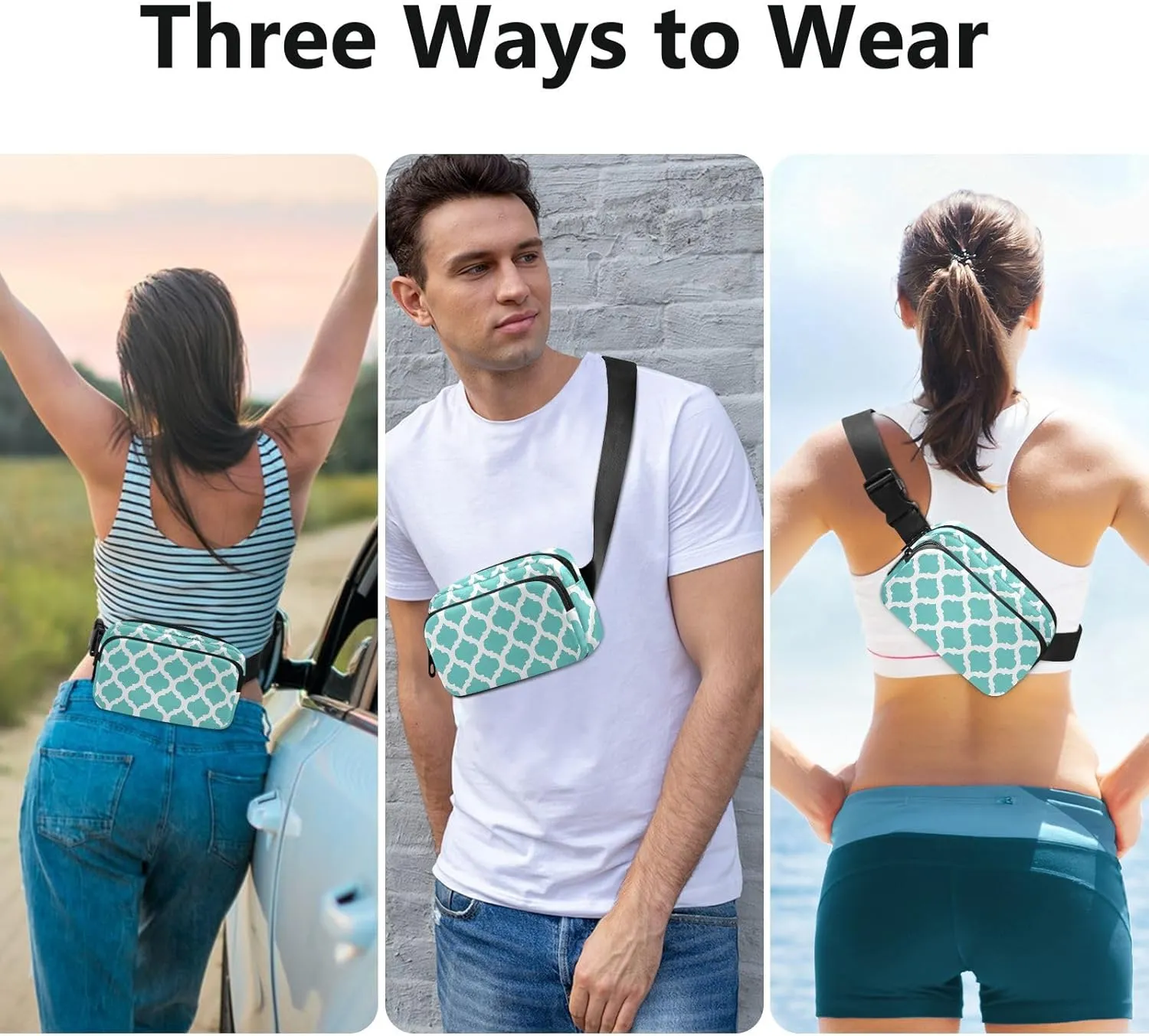 Teal Moroccan Fanny Packs for Women Belt Bag Cross Body Waterproof Fanny Pack Fashion Waist Packs with Adjustable Strap Crossbody Bag for Running Hiking Men Sports Traveling