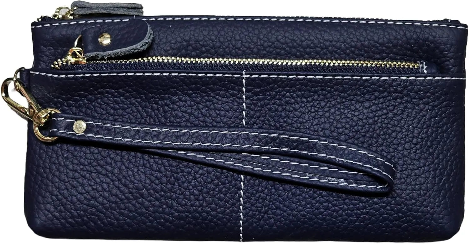Women Genuine Real Leather Wristlet Wallet Clutch. 3 Zipped Pockets, 6 Credit Card Slots Case Coin Purse (Dark Blue)