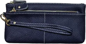 Women Genuine Real Leather Wristlet Wallet Clutch. 3 Zipped Pockets, 6 Credit Card Slots Case Coin Purse (Dark Blue)