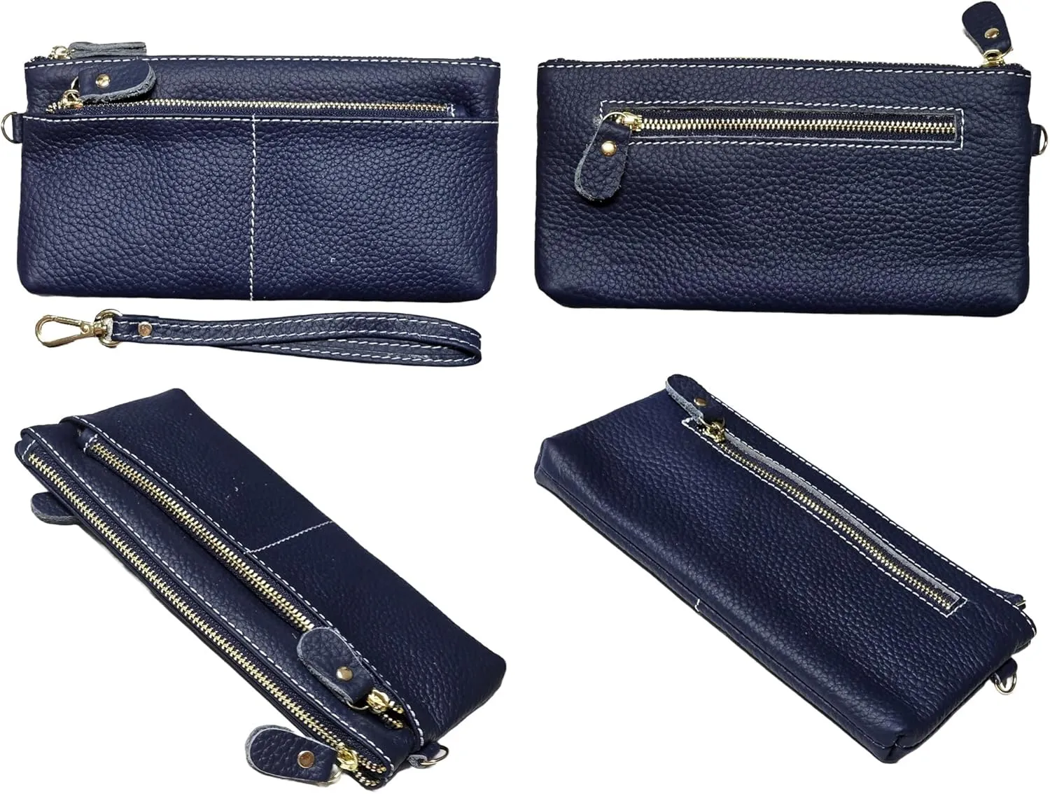 Women Genuine Real Leather Wristlet Wallet Clutch. 3 Zipped Pockets, 6 Credit Card Slots Case Coin Purse (Dark Blue)