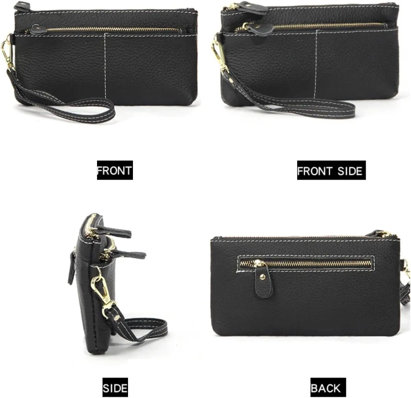 Women Genuine Real Leather Wristlet Wallet Clutch. 3 Zipped Pockets, 6 Credit Card Slots Case Coin Purse (Dark Blue)